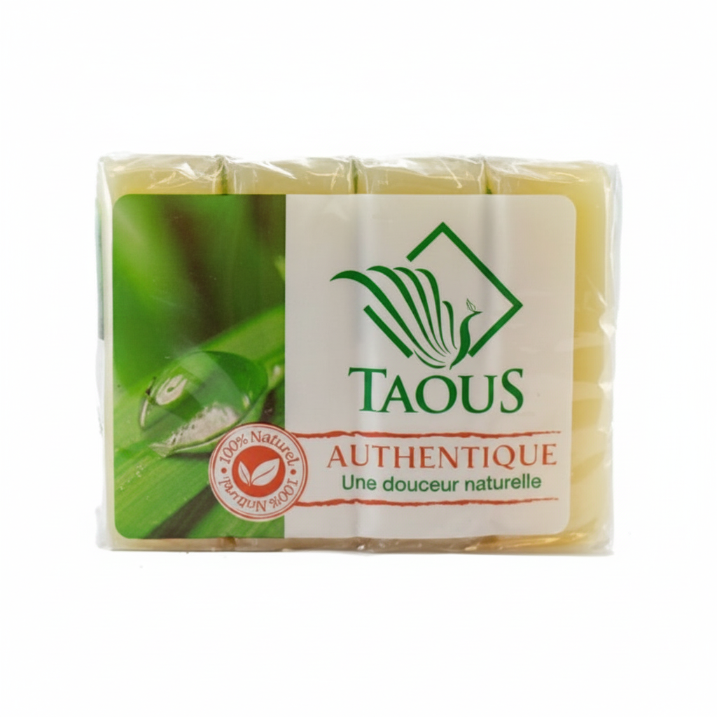 TAOUS Authentique Natural Soap pack of 4 bars 125g each on light gray background