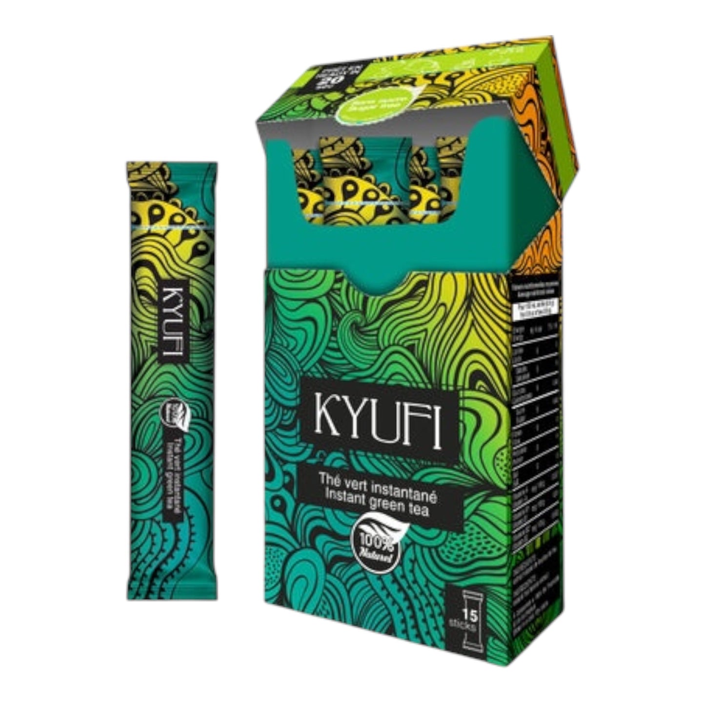 KYUFI Thé Vert Instantané à la Menthe – Sans Sucres (15 Bâtonnets)