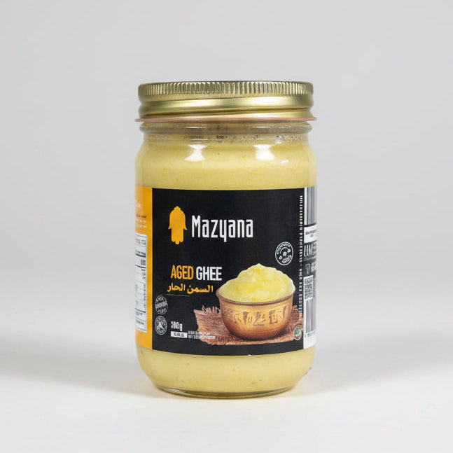 Jar of Mazyana Aged Ghee with a black label on a white background