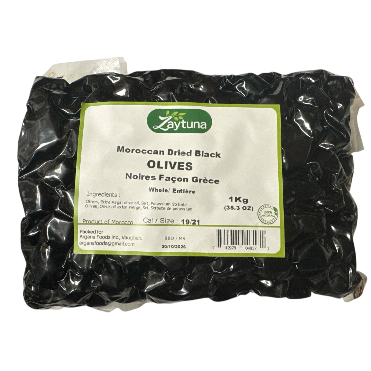 Zaytuna  Moroccan Dried Black Olives – 1 kg (Large Size 19/21)