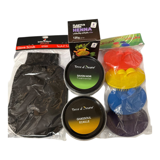 Buy Moroccan Hammam Kit: glove scrub + Ghassoul + 4 brushes + henna + black soap online - ZaytunaMart.ca