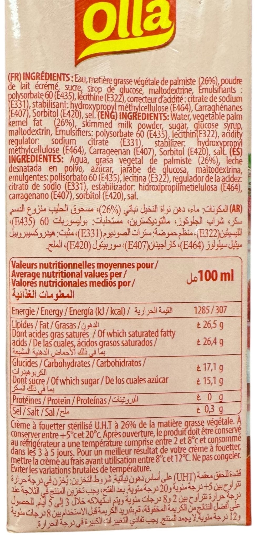Crème à fouetter UHT OLLA avec huile végétale 1L