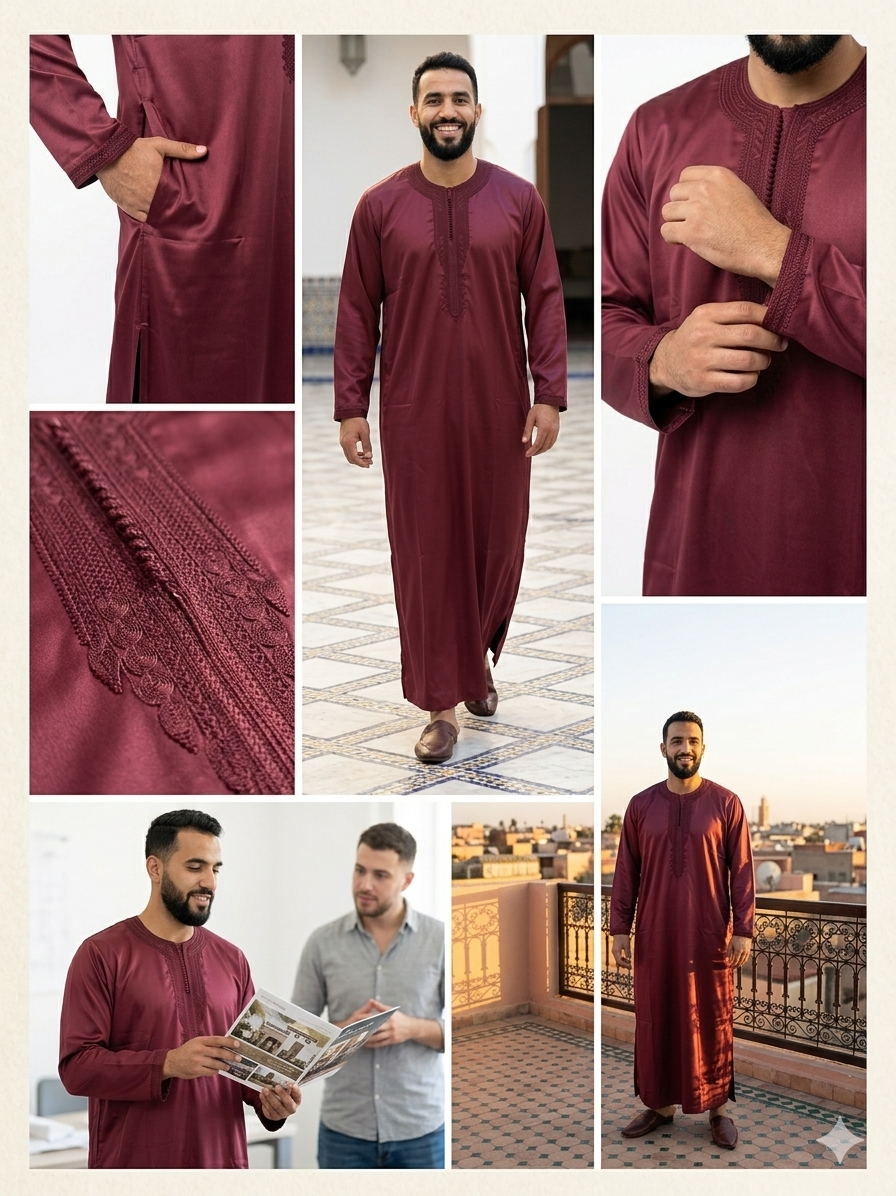 Caftan Marocain Fait Main – Thobe en Satin Brodé de Qualité Supérieure