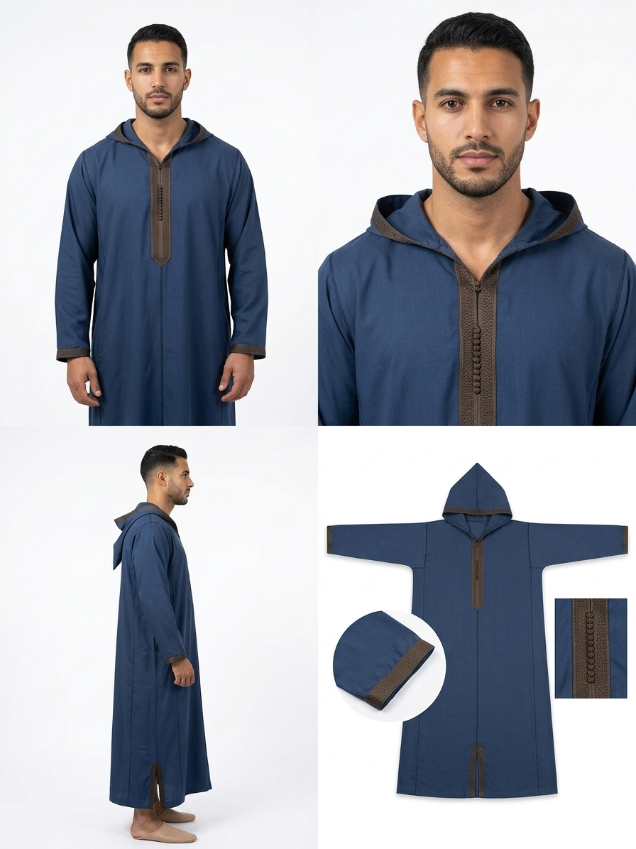 Djellaba marocaine artisanale authentique – Tissu Mlifa de qualité supérieure – Bleu foncé