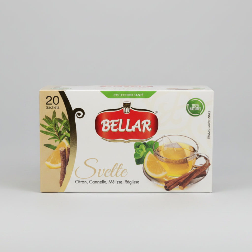 A box of Bellar Svelle tea sachets on a dark countertop, with a blurred background of terracotta cookware.