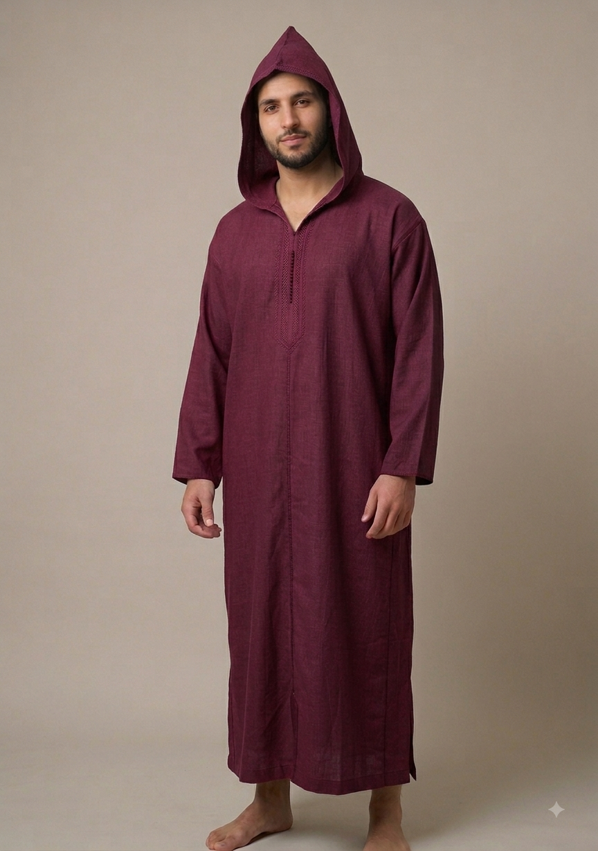 ALAMANDA Men's Moroccan Hooded Djellaba - Burgundy