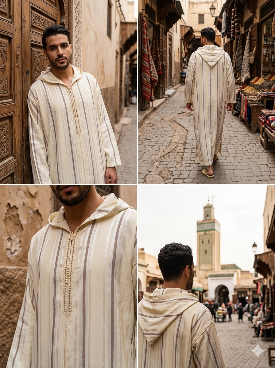 Djellaba Marocaine Rayée Traditionnelle – Thobe à Capuche Fait Main