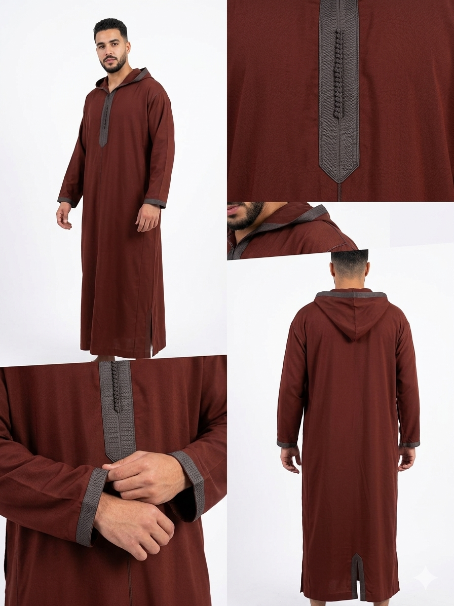 Djellaba Marocaine Authentique Fait Main – Tissu Mlifa Premium – Brun Rougeâtre