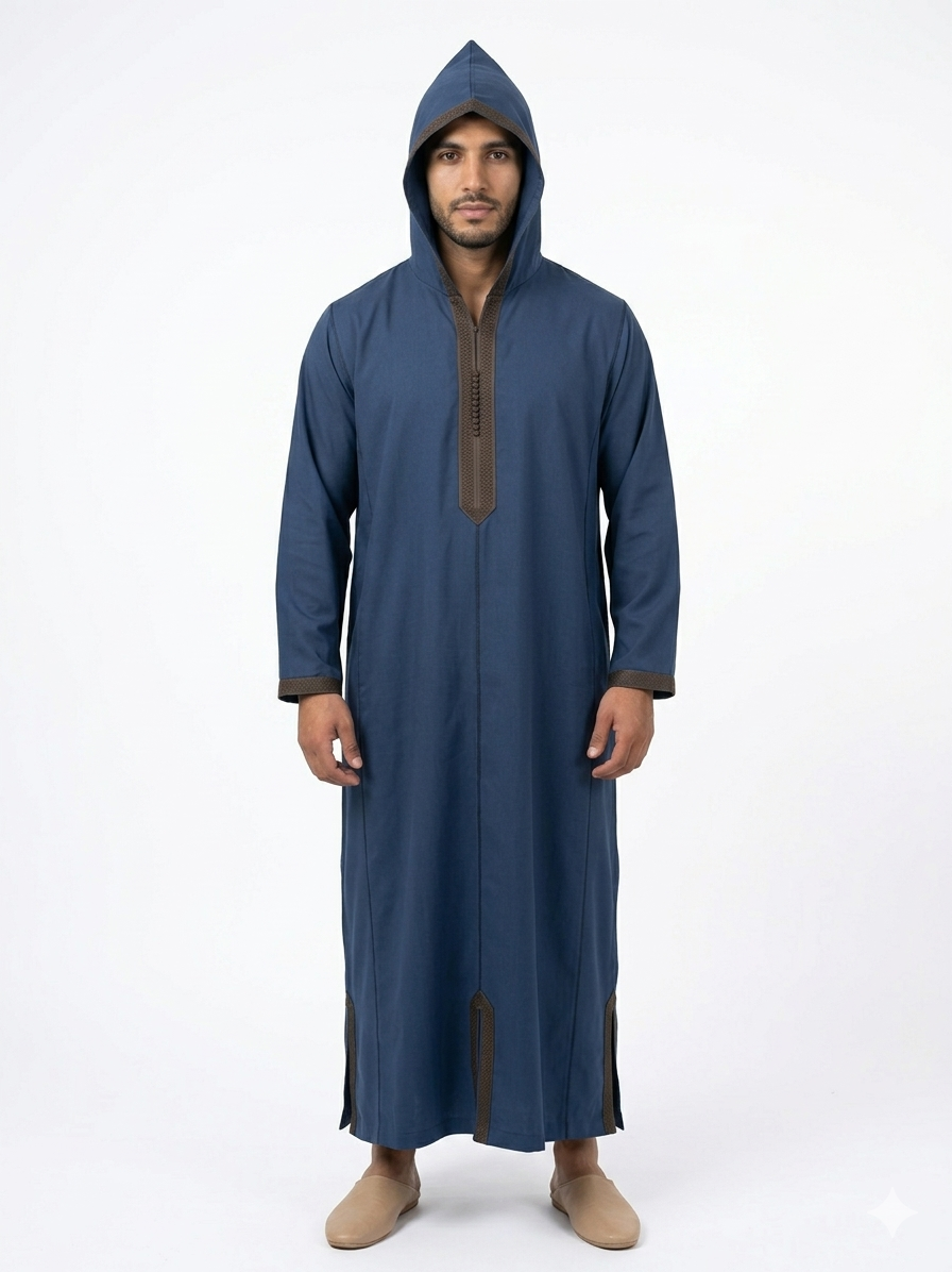 Djellaba marocaine artisanale authentique – Tissu Mlifa de qualité supérieure – Bleu foncé