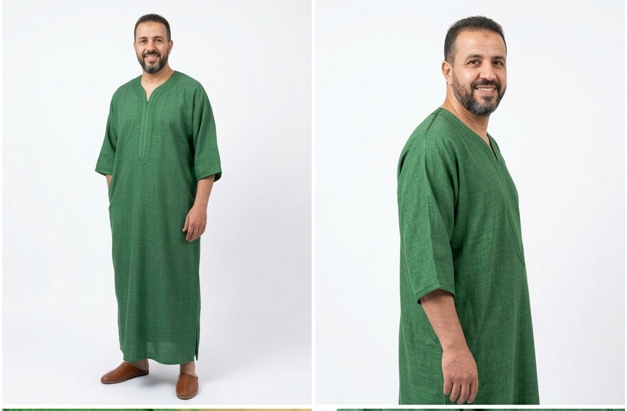 Men’s Emerald Green Moroccan Gandoura – Traditional Embroidered Thobe
