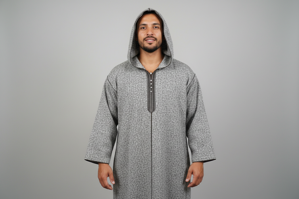 Traditional Moroccan Hooded Djellaba – Textured Wool Blend Long Thobe with Handcrafted Detail