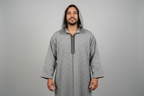 Traditional Moroccan Hooded Djellaba – Textured Wool Blend Long Thobe with Handcrafted Detail