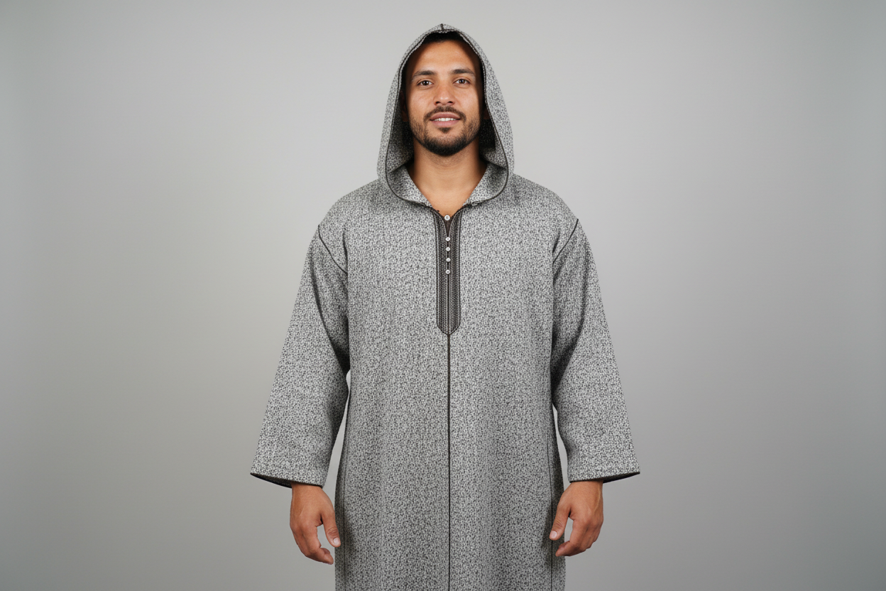 Traditional Moroccan Hooded Djellaba – Textured Wool Blend Long Thobe with Handcrafted Detail