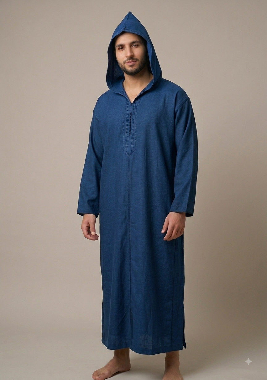 ALAMANDA Men's Moroccan Hooded Djellaba - Navy Blue