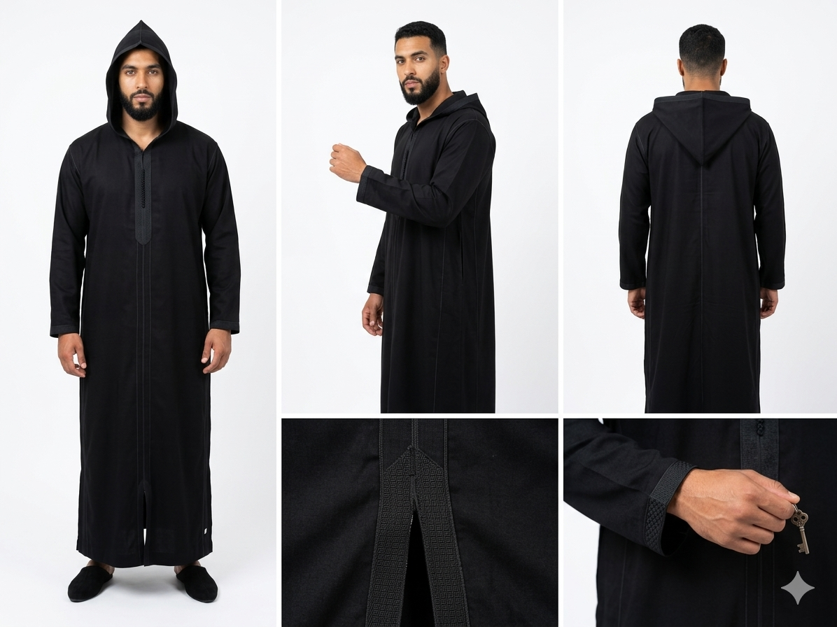 Djellaba Marocaine Authentique Fait Main – Tissu Mlifa Premium – Noir