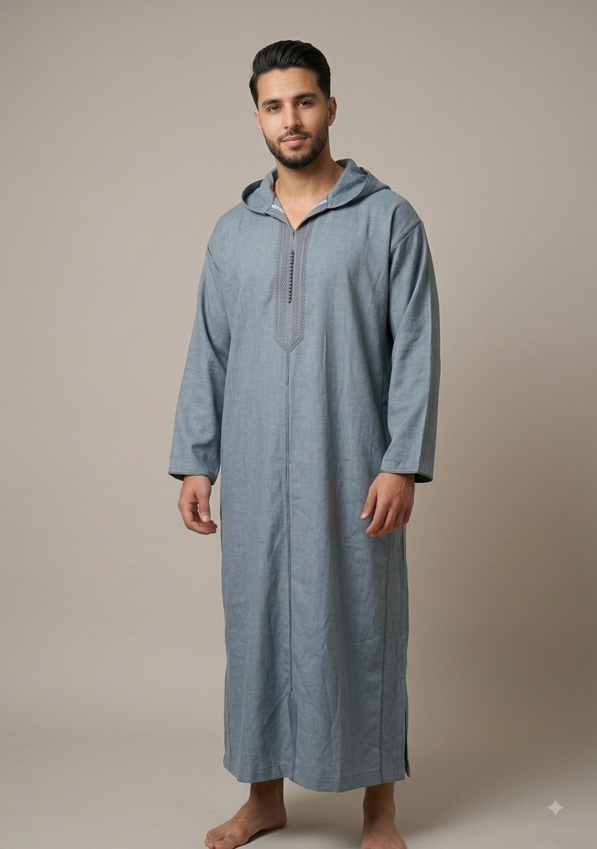 ALAMANDA Men's Moroccan Hooded Djellaba - Steel Blue