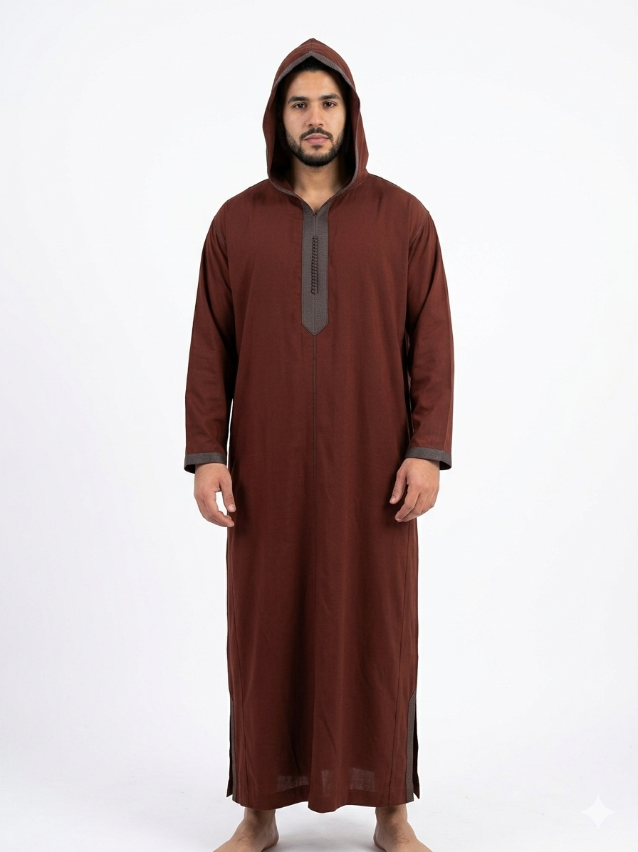 Djellaba Marocaine Authentique Fait Main – Tissu Mlifa Premium – Brun Rougeâtre