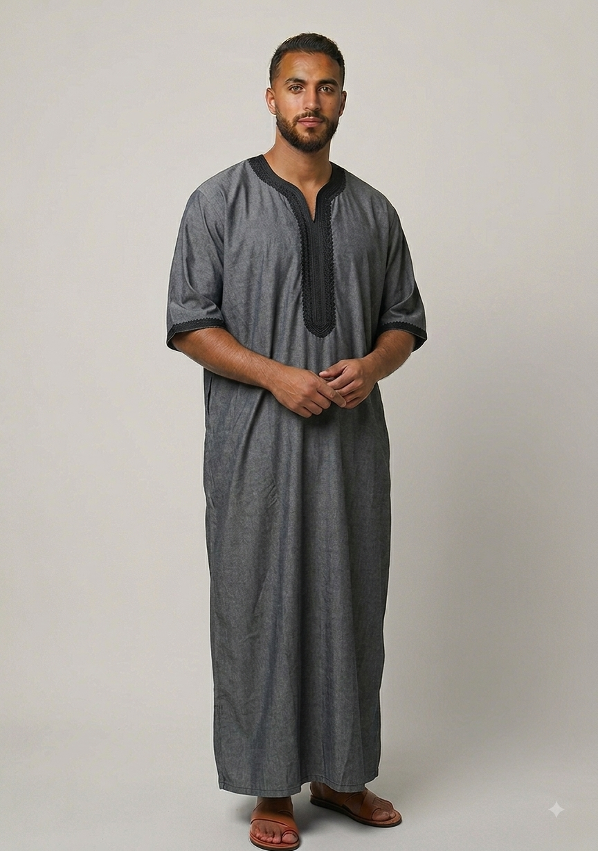 ALAMANDA Men's Moroccan Gandoura Short Sleeve Thobe