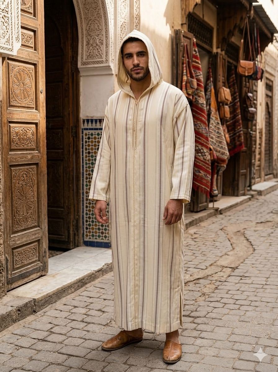 Djellaba Marocaine Rayée Traditionnelle – Thobe à Capuche Fait Main
