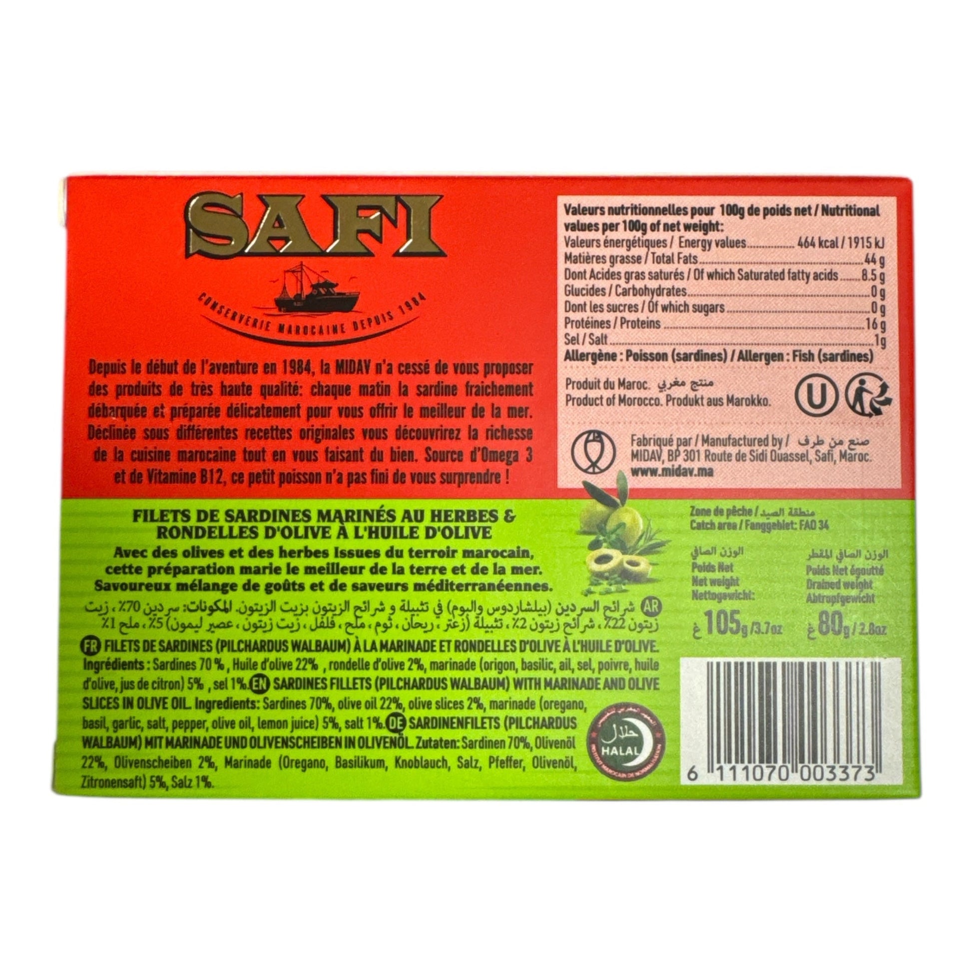 Buy SAFI Sardine Fillets with Herbs & Olive Slices in Olive Oil 105g online - ZaytunaMart.ca