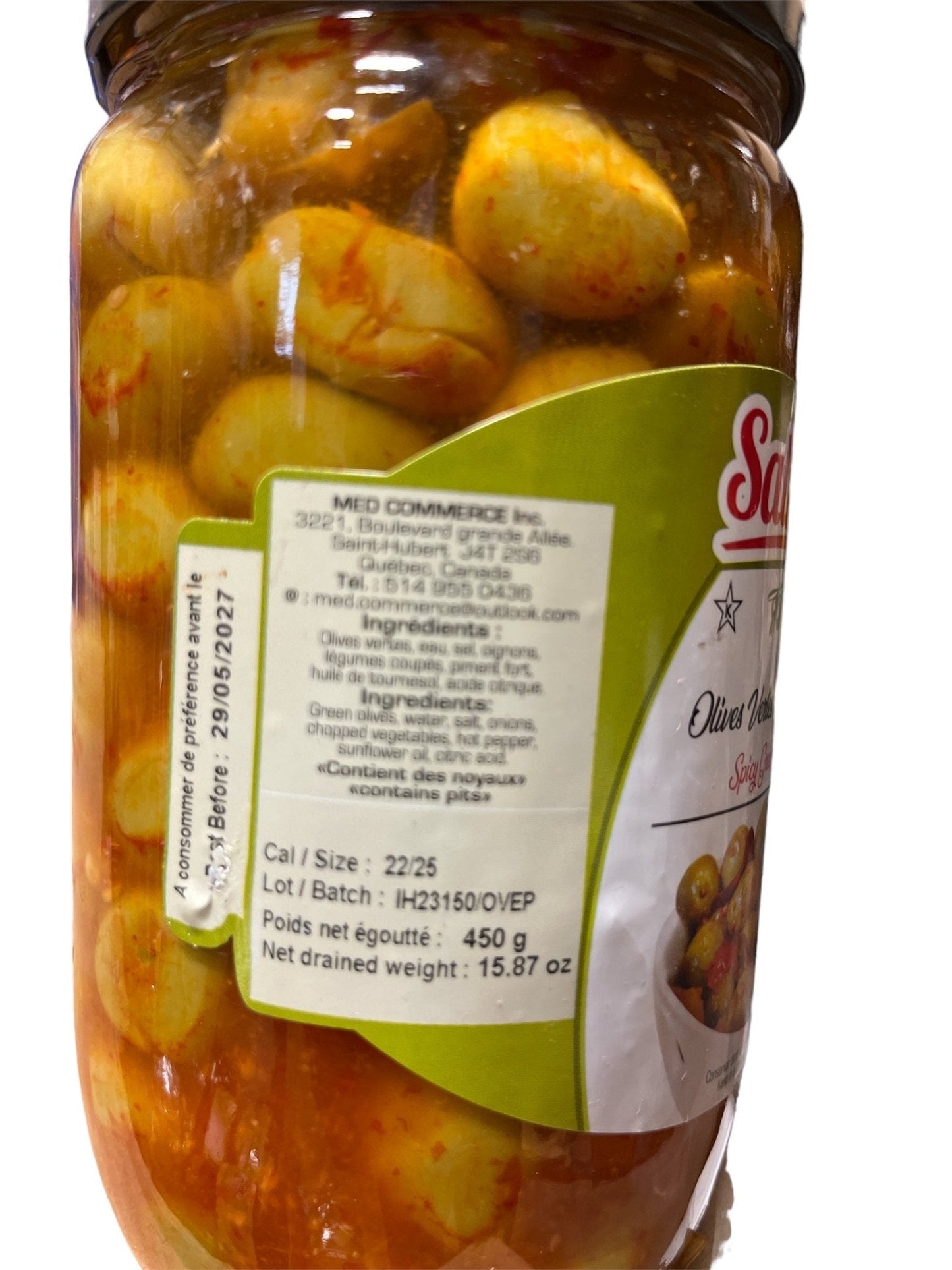 Salma Olives Vertes Entières Piquantes 450g Net