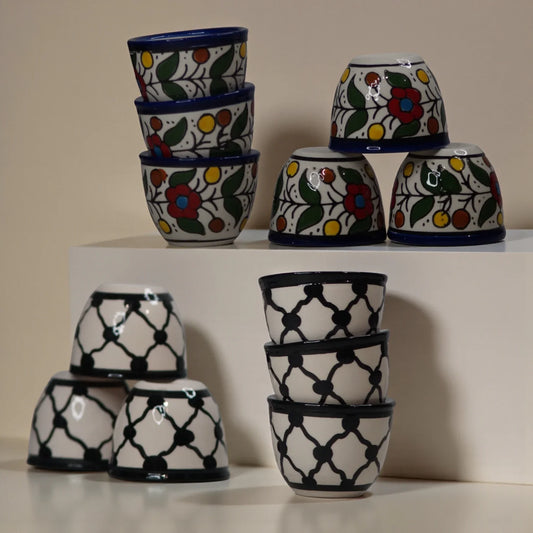 Lot de 6 tasses à café palestiniennes Sada – Petites tasses à café arabes en céramique (6 × 6 × 5 cm), 2 couleurs