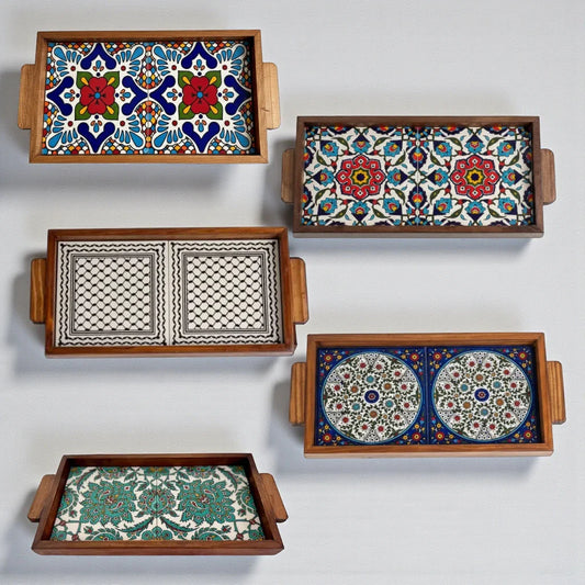 Palestinian Small Food Tray Rectangular 15×30×3 cm – Handmade Ceramic Serving Tray with Kuffia, Alramla, Alquds, Bethlehem & Nazareth Designs