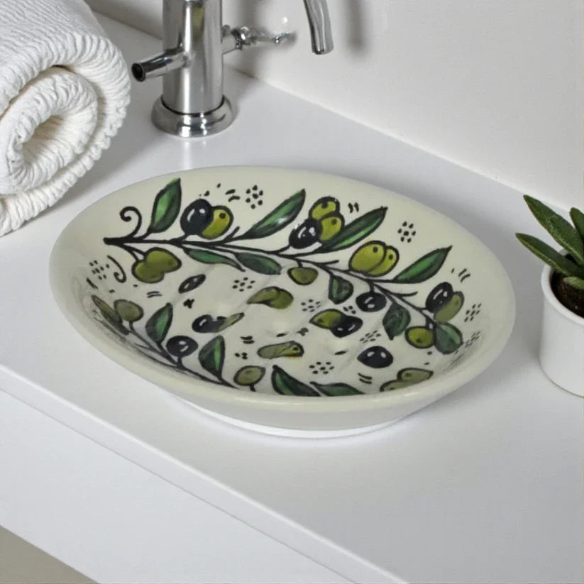 Porte-savon en céramique avec drainage (Motifs Olives et Floraux) 11×14.3×3 cm – Support de savon