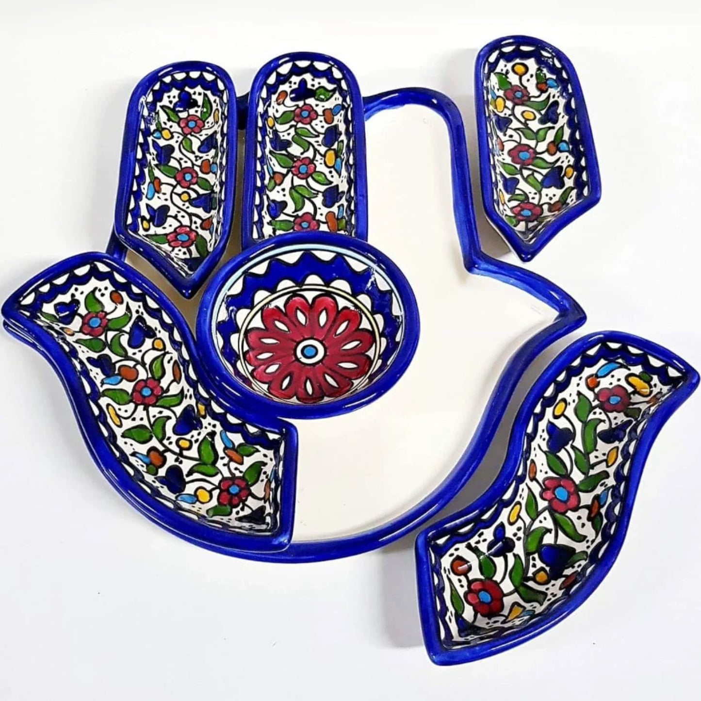 Plateau à fruits secs palestinien 32×32×10 cm – Plateau de service en céramique fait main, plateau à collation multi-compartiments et pièce maîtresse décorative