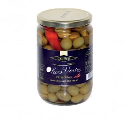 CARTIER OLIVES VERTES PIMENTEES 720gr BOCAL (WITH CHILI PEPER)